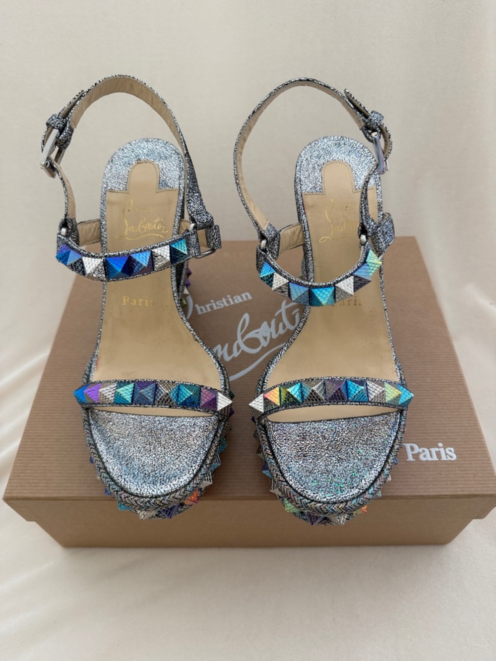 Christian Louboutin Silver Glitter Wedge Sandals with Iridescent Stud Accents
